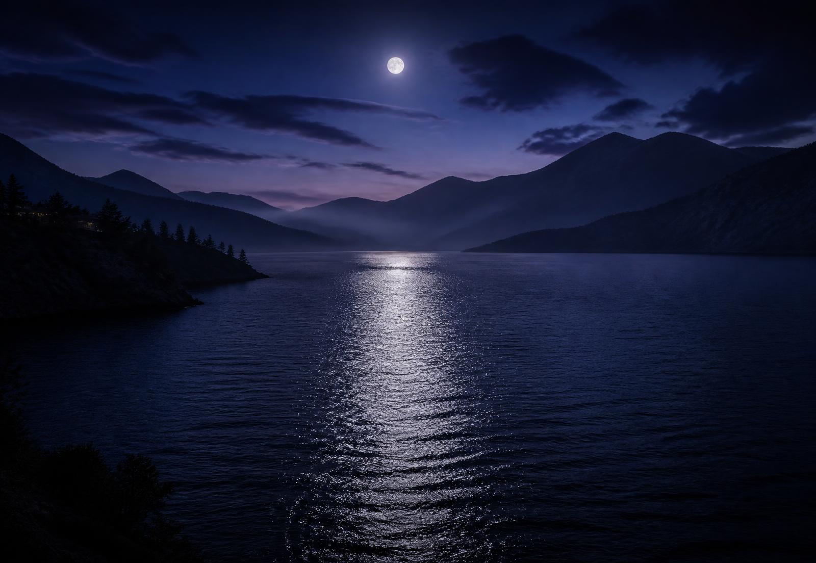 Moonlight over Okanagan Lake at night