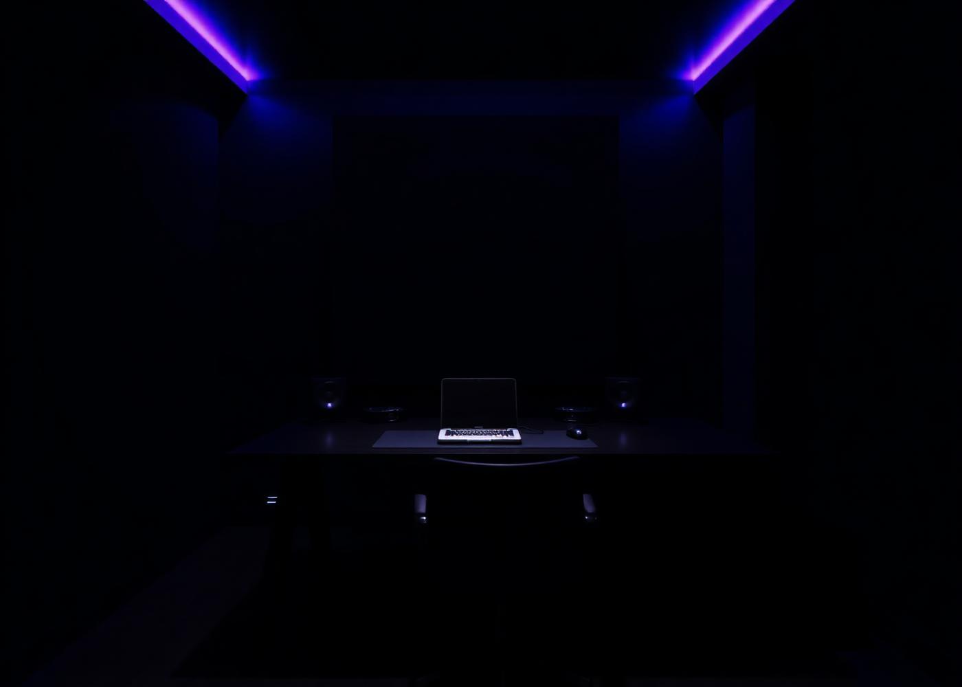 The Pierisma studio at night, lit in violet